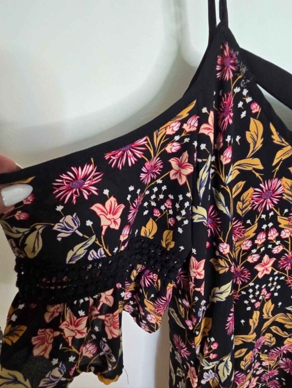 Black Floral Cold-Shoulder Tank with Pink & Mustard Print Flowy Mini Dress M